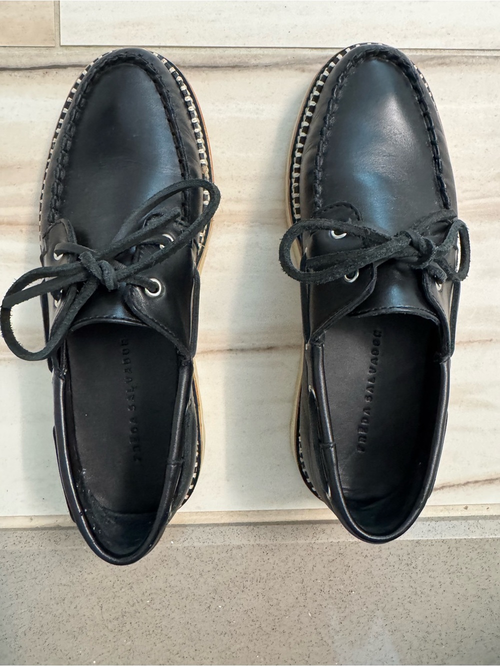 Freda Salvador Black Leather Lace-Up Boat Flats
